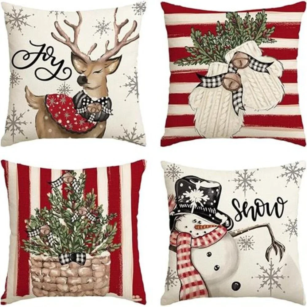 Christmas Snowman Reindeer Gloves Eucalyptus Red Throw Pillow